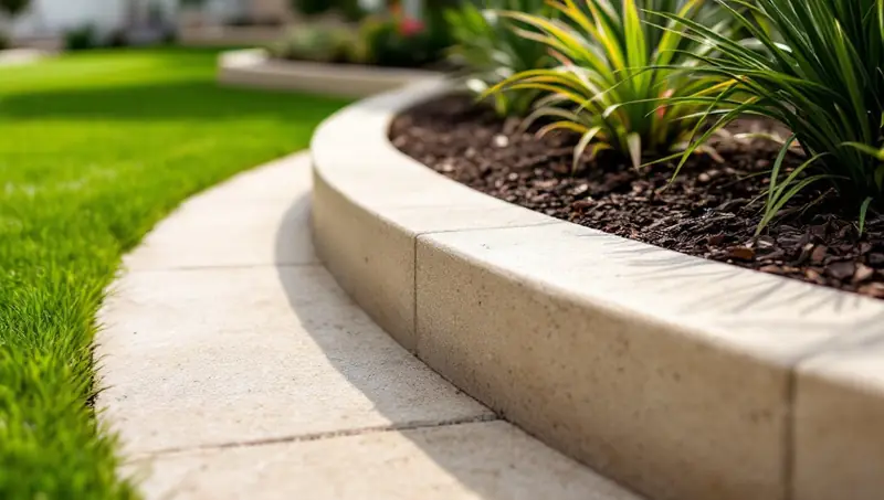 Limestone look concrete kerbing around a garden bed