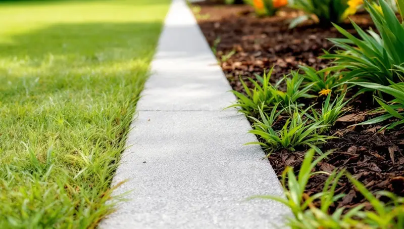 Concrete mowing strip between a lawn and garden bed