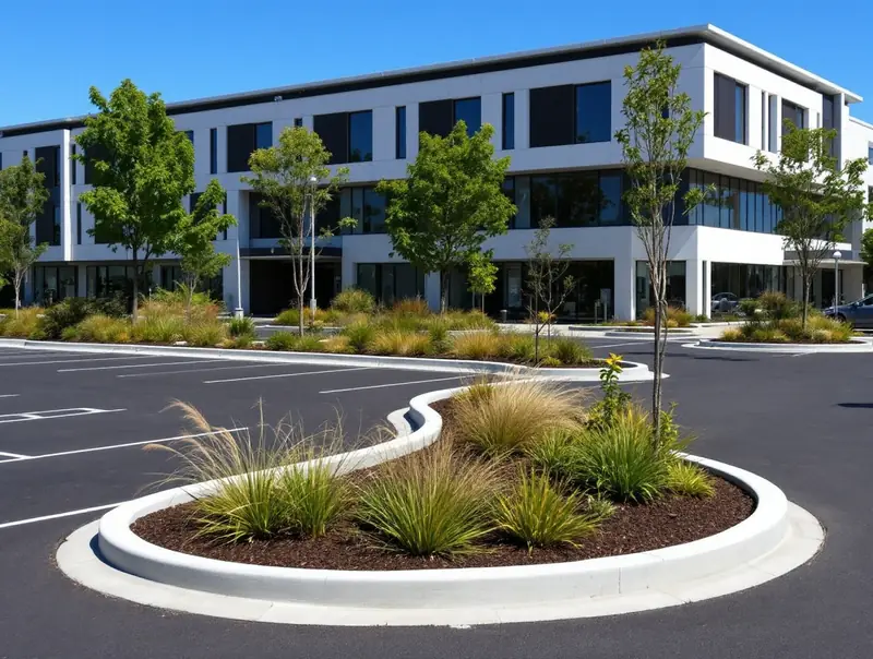 Landscaped car park garden islands edged with continuous concrete kerbing at a commercial building in Perth