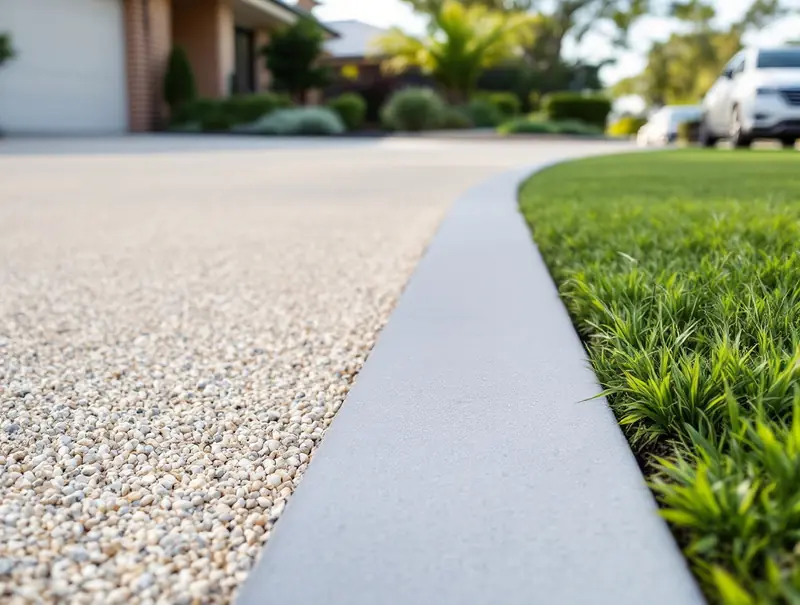 Concrete kerb along a gravel driveway next to a lawn