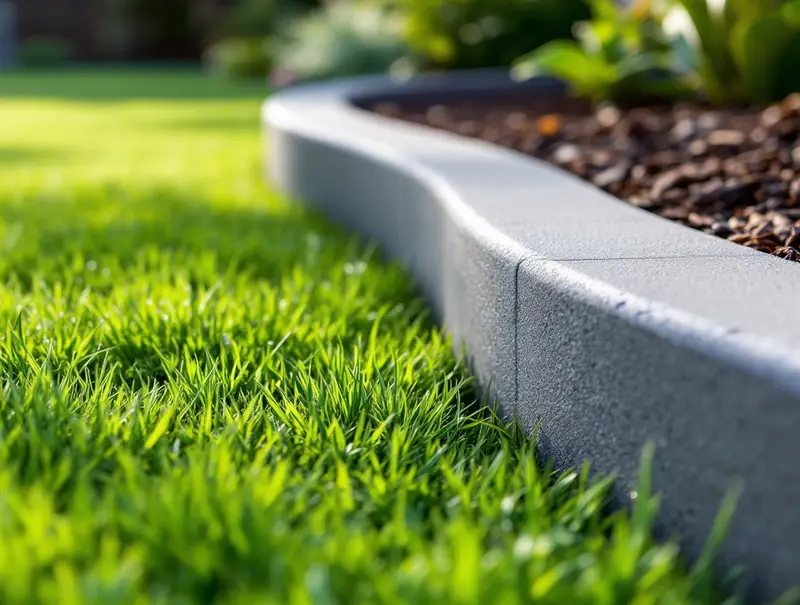 Curved concrete garden edging separating lawn from a mulched garden bed in Perth