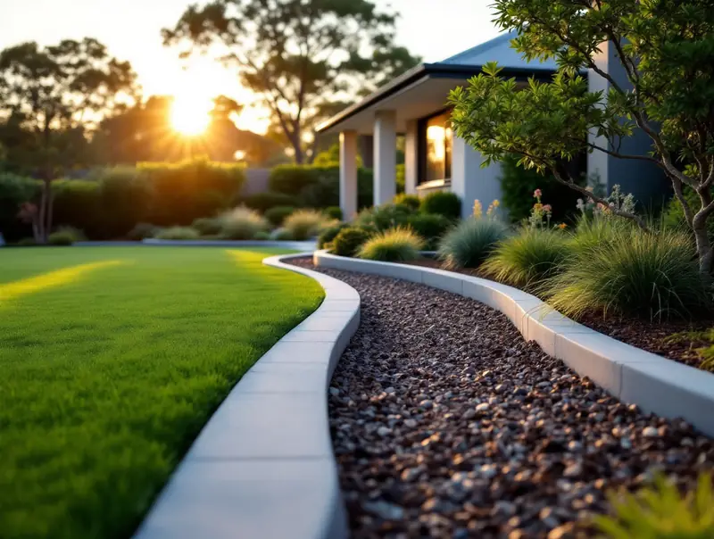 Curved continuous concrete kerbing along a lawn and garden bed at a Perth home
