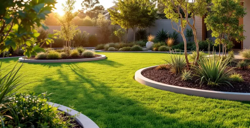 Curved decorative concrete kerbing around island garden beds in a Perth garden