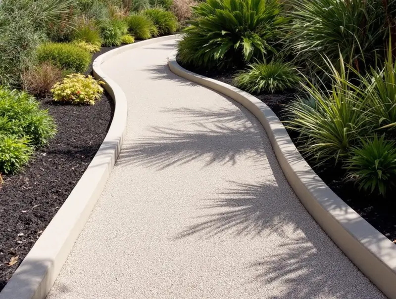 Crushed limestone garden path edged with concrete kerbing