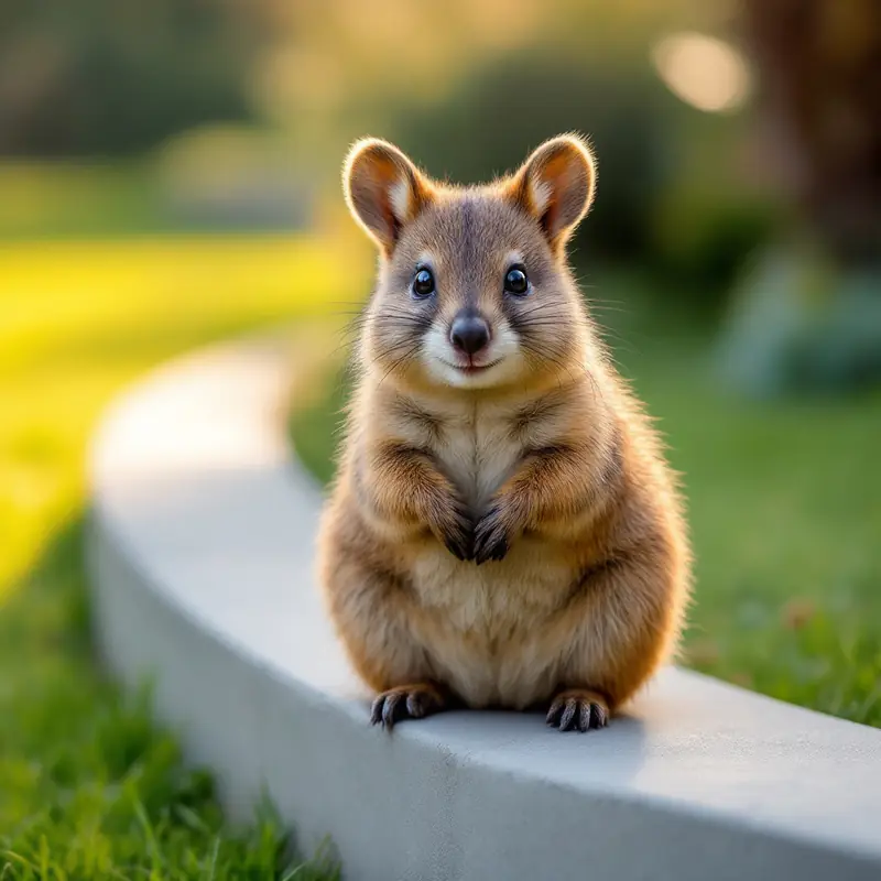 Smiling quokka sitting on a concrete garden kerb, the Quokka Kerbing mascot