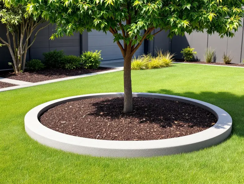 Concrete tree ring filled with mulch around a young tree